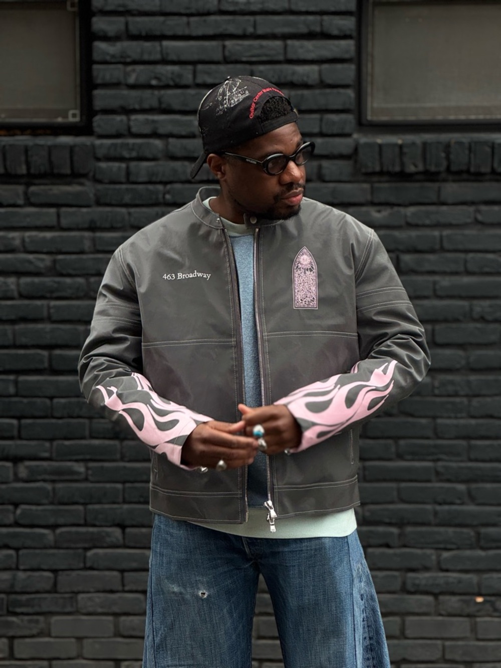 Men's Gray Leather Bomber Jacket with Pink Flame Sleeves